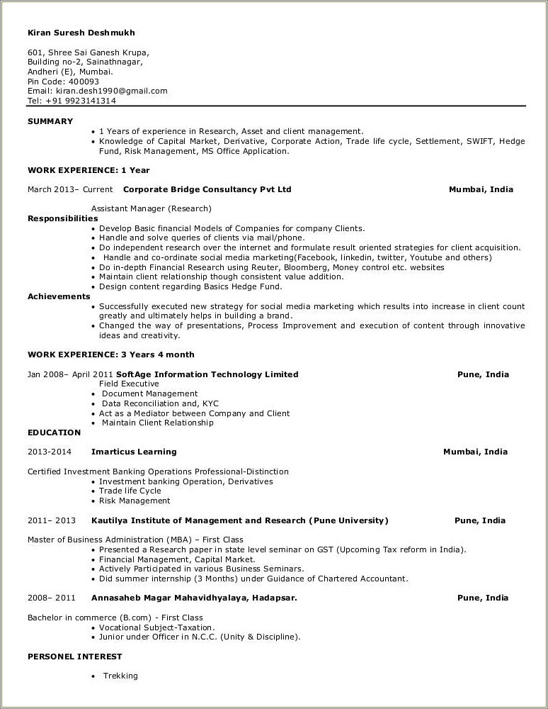 Experience With Trade Life Cycle Resume