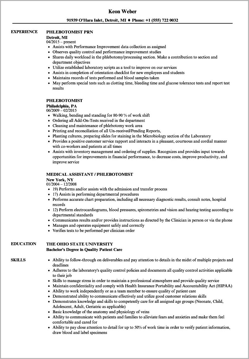 Experienced Phlebotomist Job Description For Resume