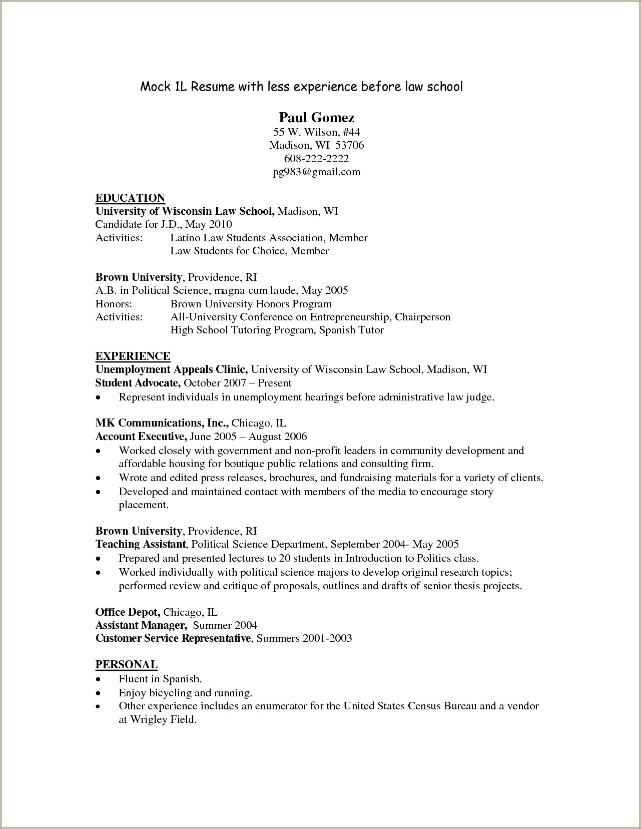Experiences To Write On Law School Resume