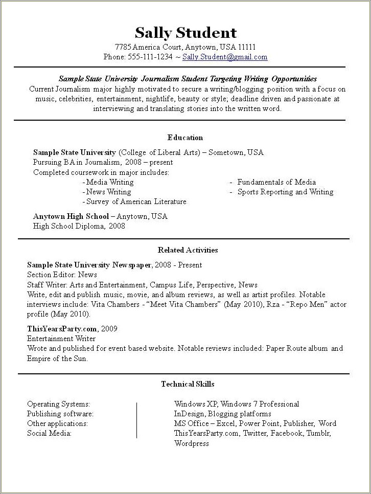 Extra Curricular Activities On Resume Example