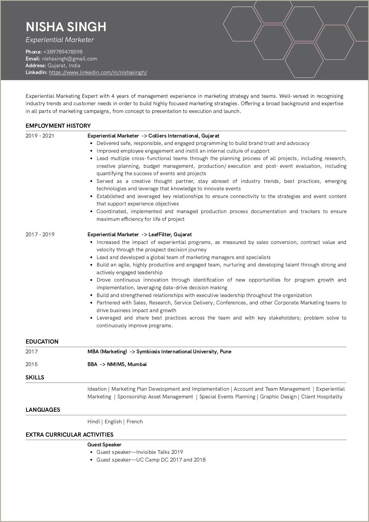Extracurricular Activities In Resume For Freshers Examples
