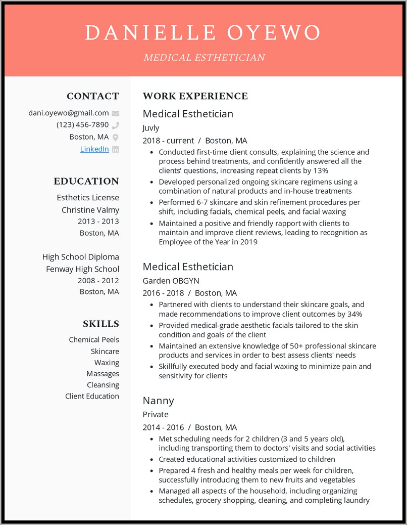 Facial Specialist Recently Graduated Resume Sample