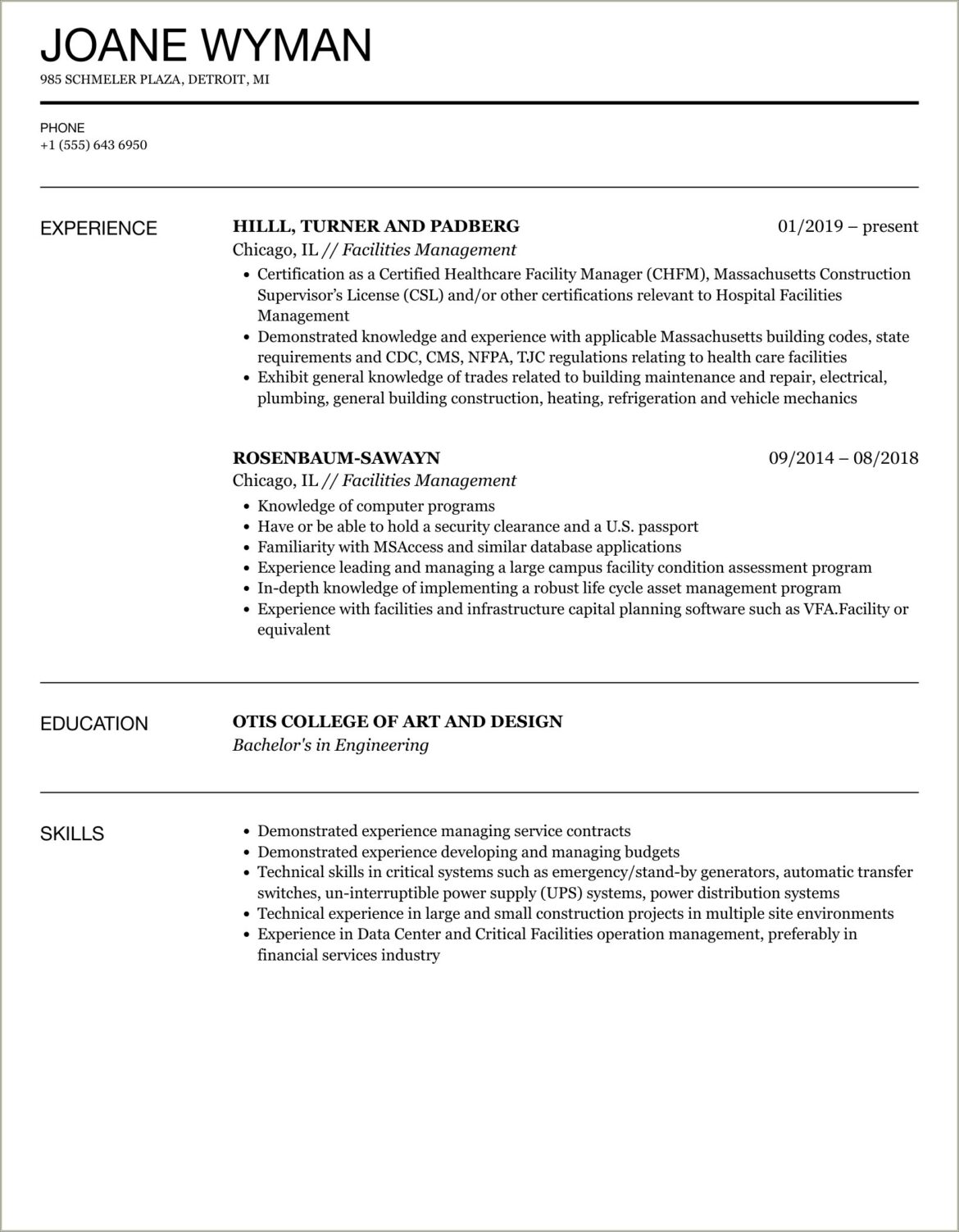 Facility Executive Soft Services Resume Sample