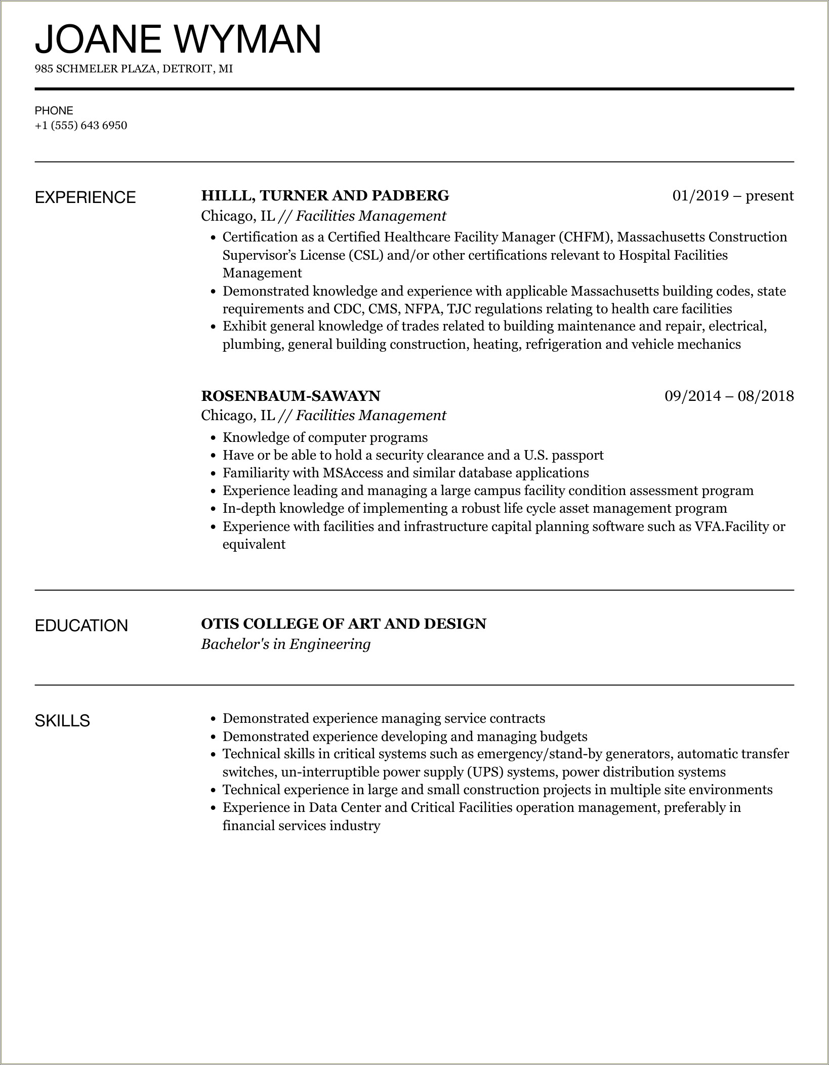 Facility Executive Soft Services Resume Sample