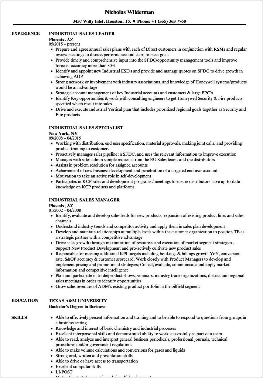Factory Outside Sales Rep Sample Resume