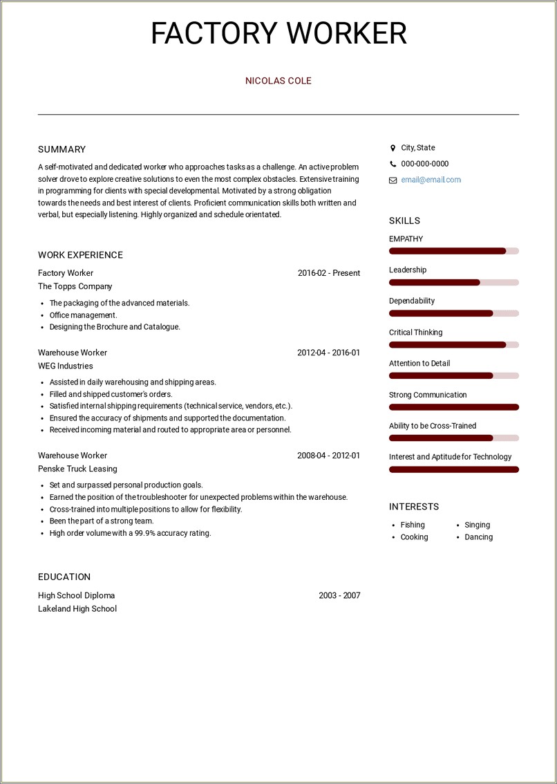 Factory Worker Resume For Production Worker