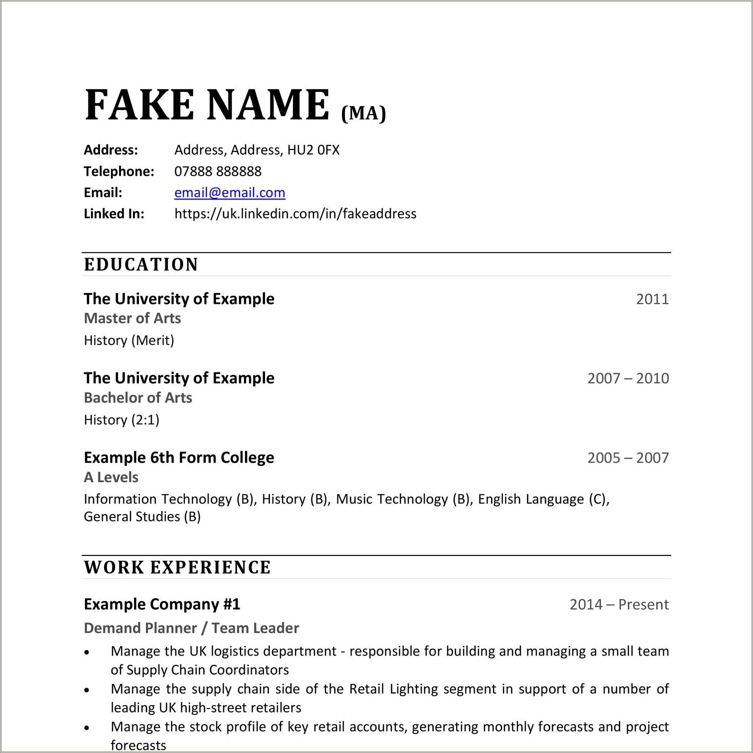 Fake Resume Example Coming Out Of College