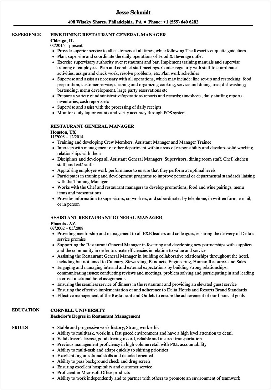 Fast Food Area Manager Resume Examples