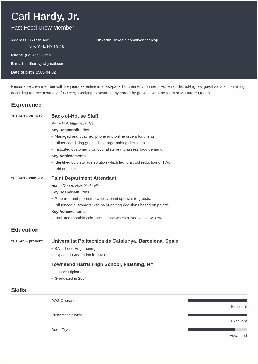 Fast Food Area Manager Resume Sample