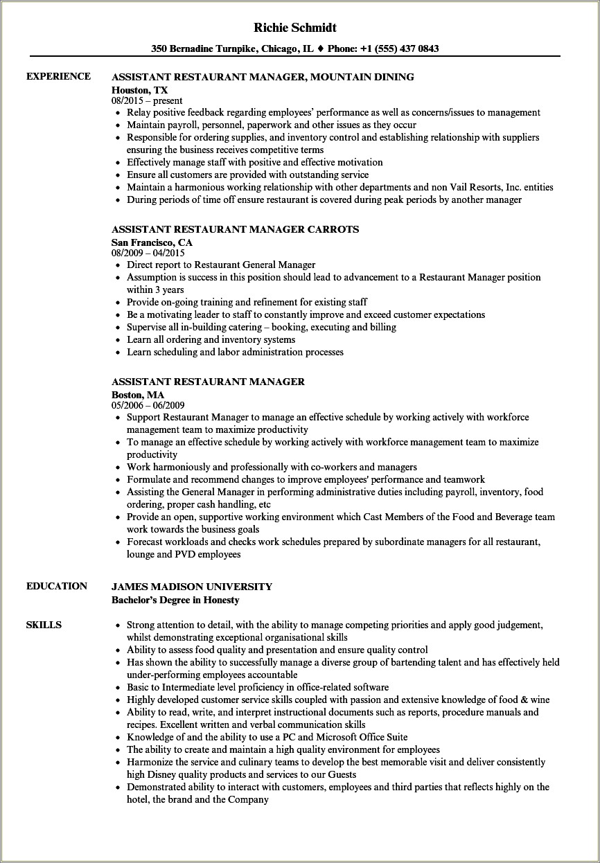 Fast Food Assistant Manager Resume Template Microsoft Word
