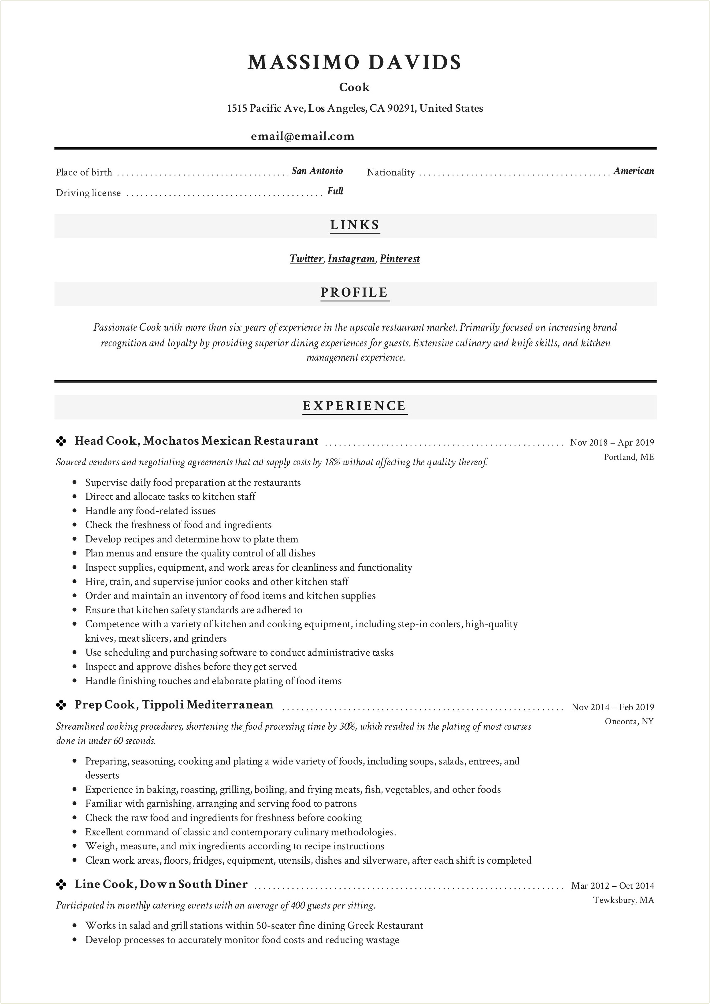 Fast Food Cook Job Description Resume