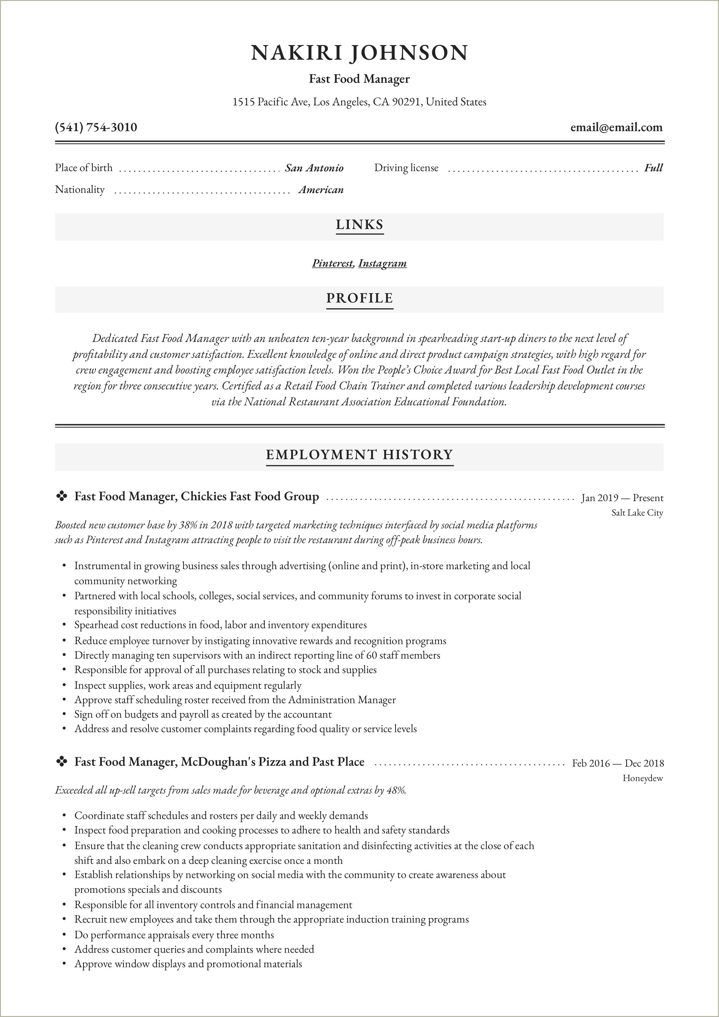 Fast Food Department Manager Resume Sample