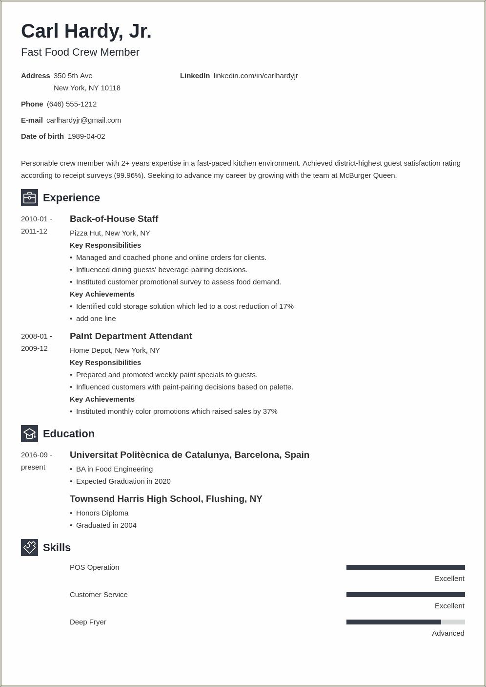 Fast Food Description For Resume Call