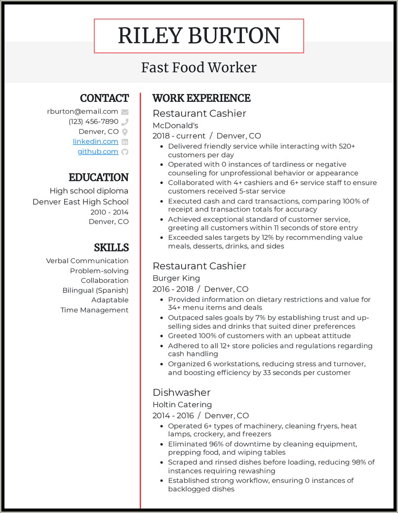 Fast Food Job Description For Resume