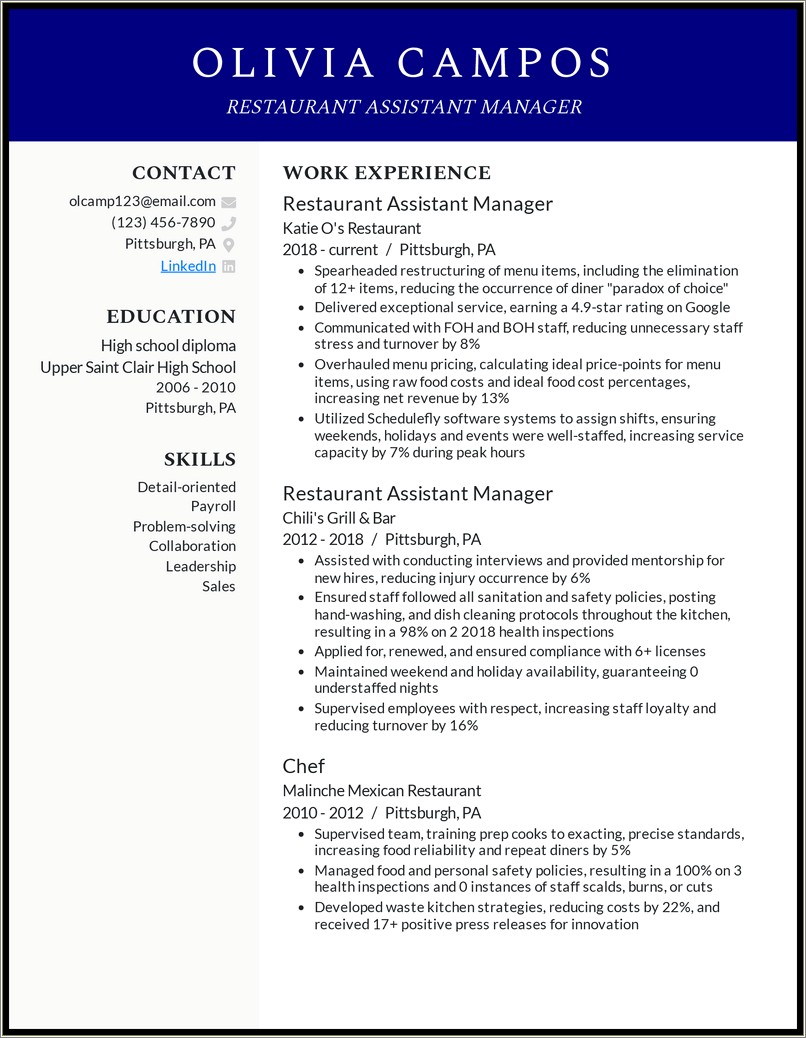 Fast Food Manager Job Description Resume