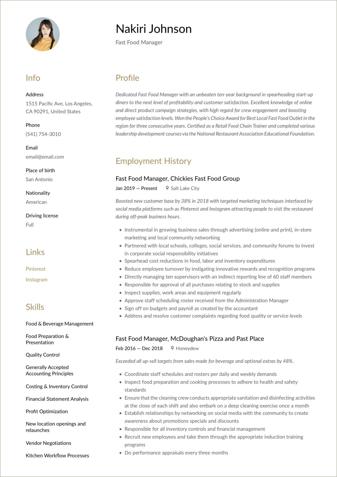 Fast Food Restaurant Job Description For Resume