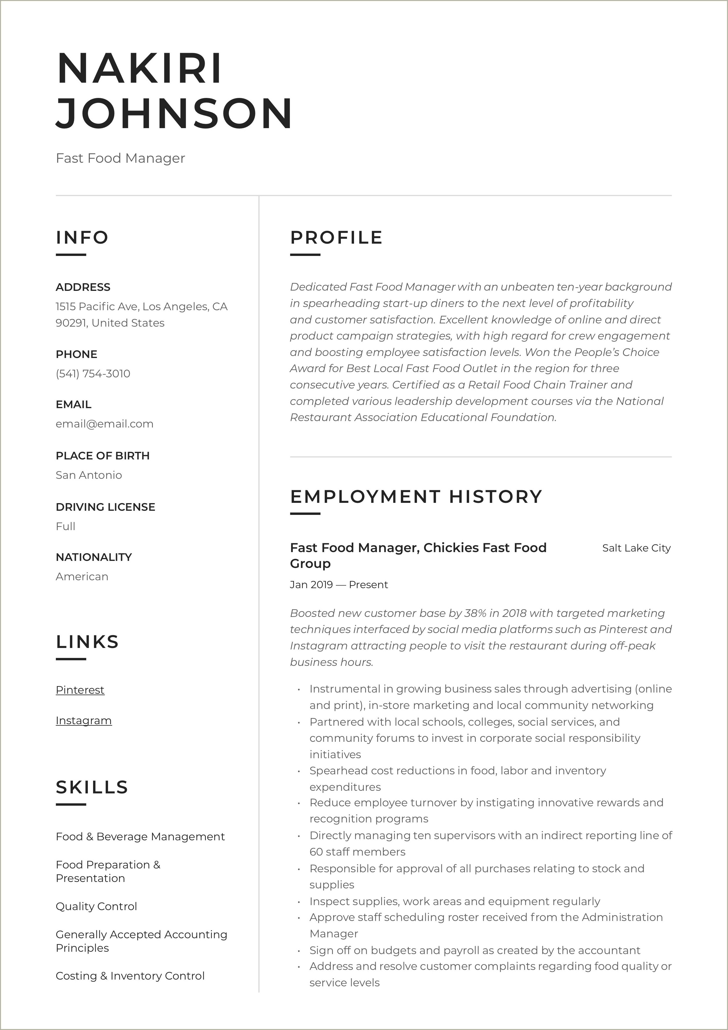 Fast Food Restaurant Manager Resume Format