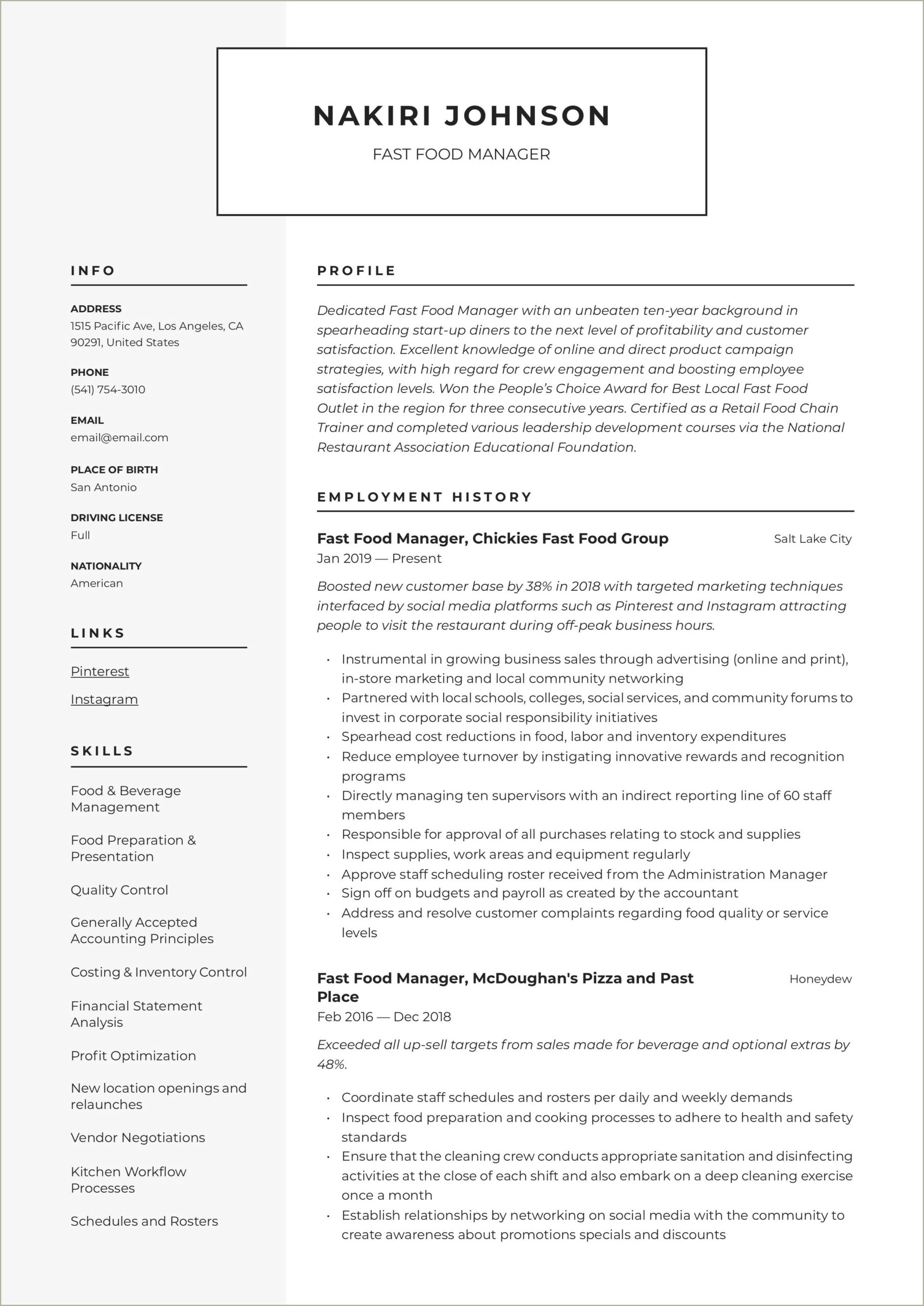 Fast Food Resume Sample With Experience
