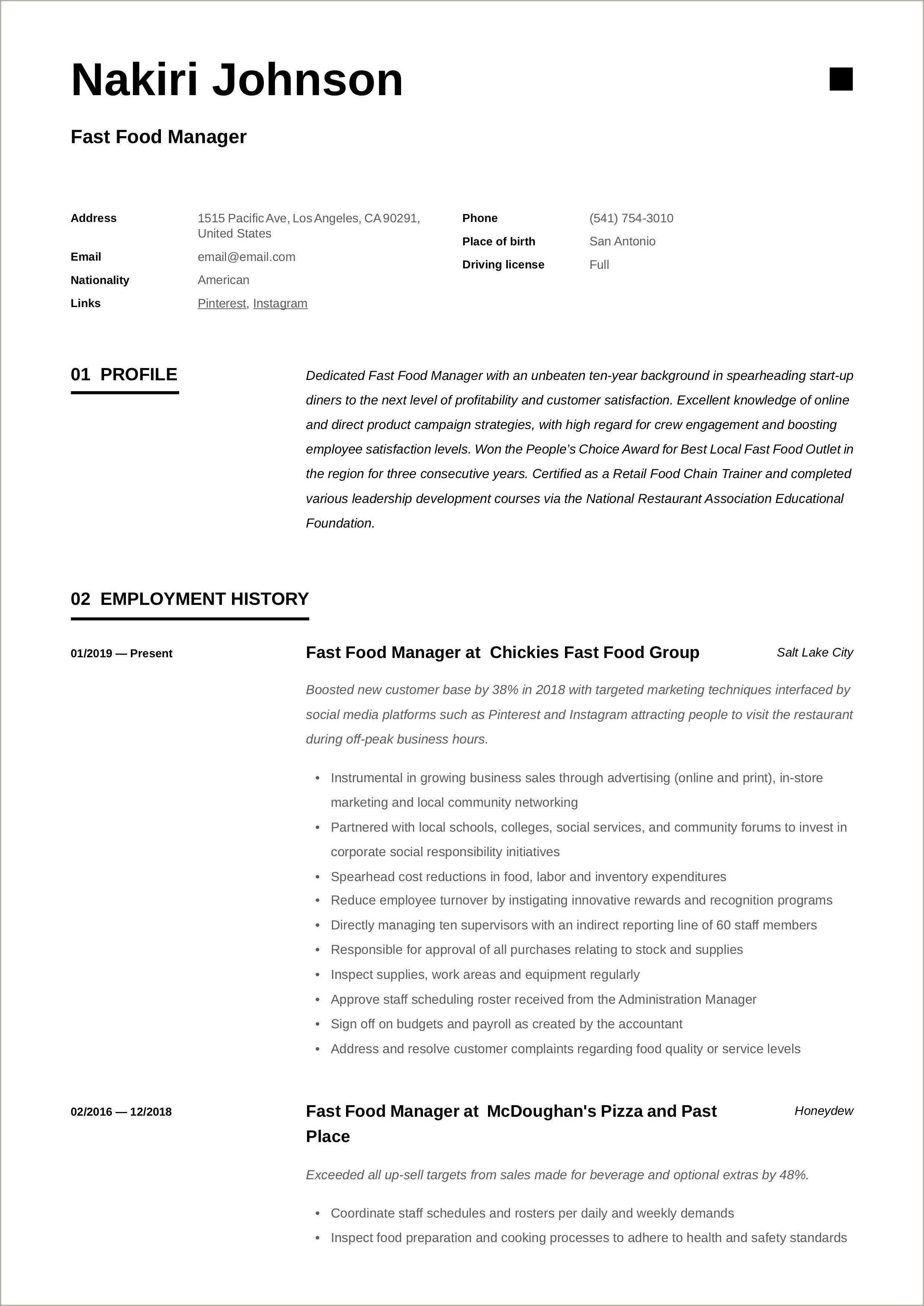 Fast Food Shift Manager Job Description For Resume