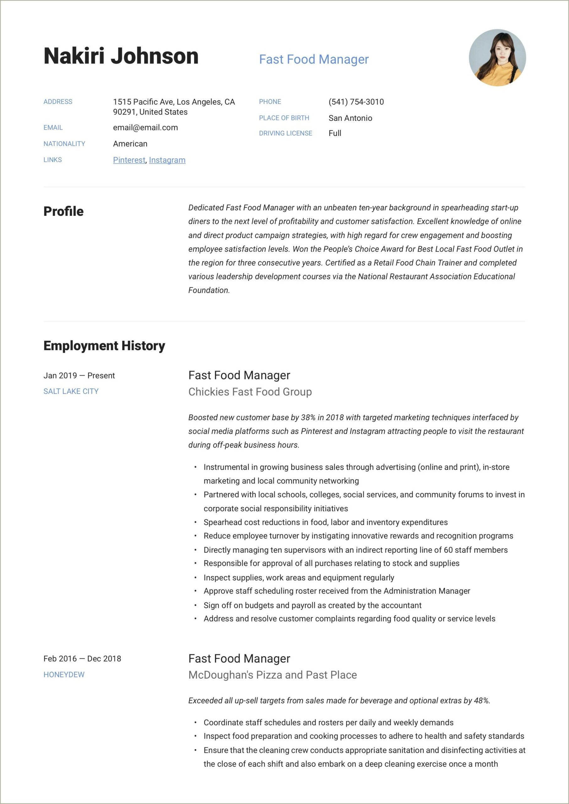 Fast Food Store Manager Resume Objective