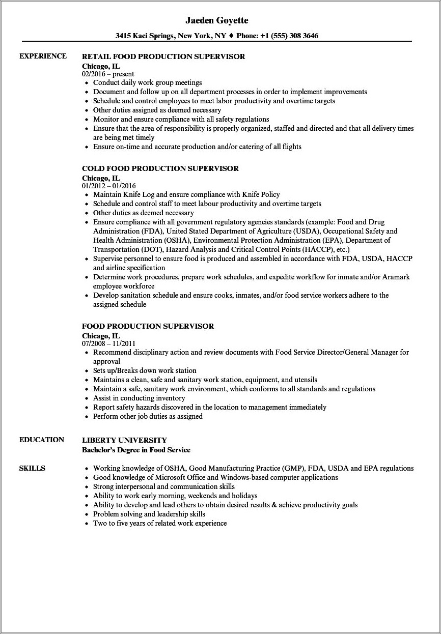 Fast Food Supervisor Job Description For Resume