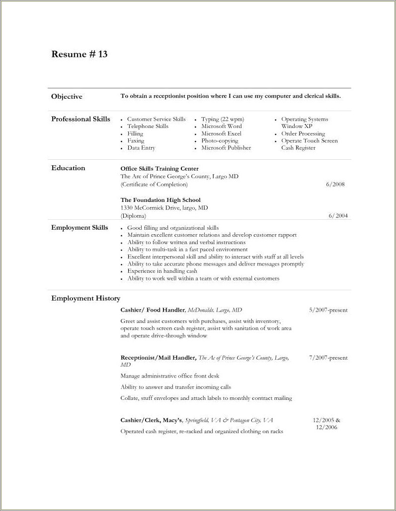 Fast Food Work Description For Resume