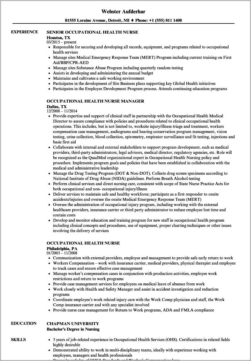 Federal Job Resume For Occupational Health Technician