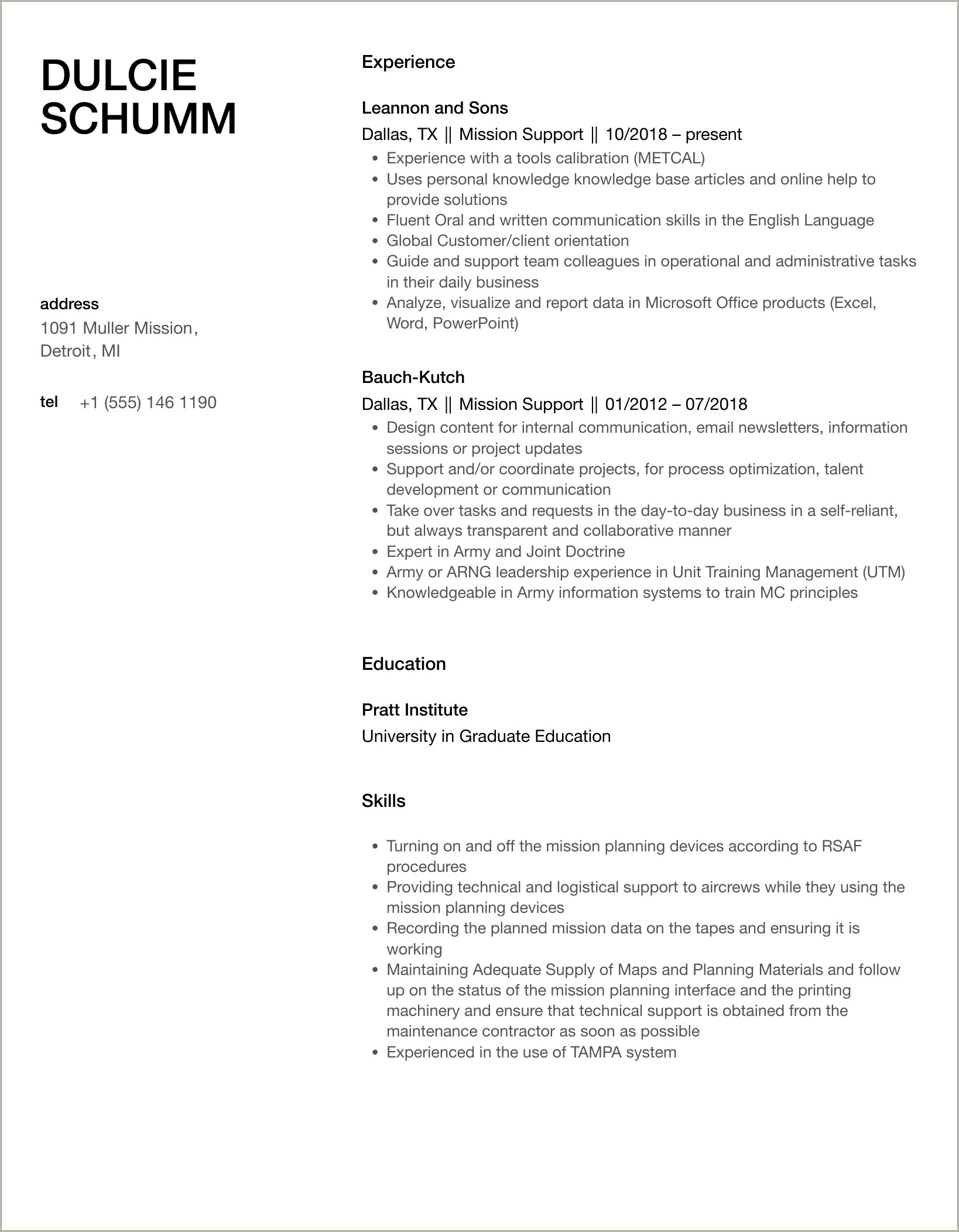 Federal Resume Mission Support Lead Example 2016