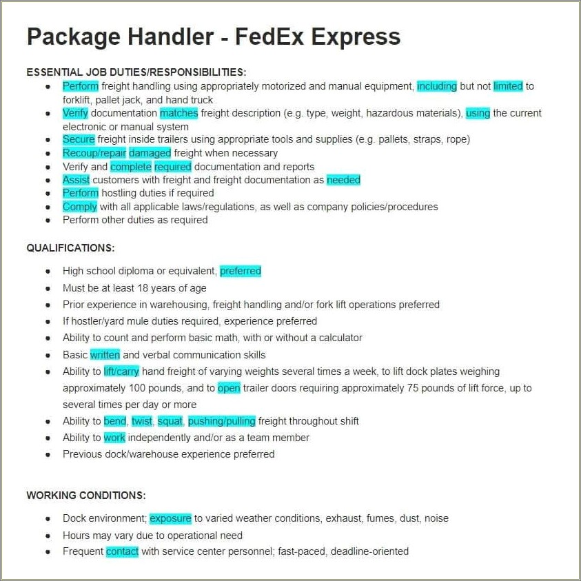 Fedex Ground Package Handler Resume Example