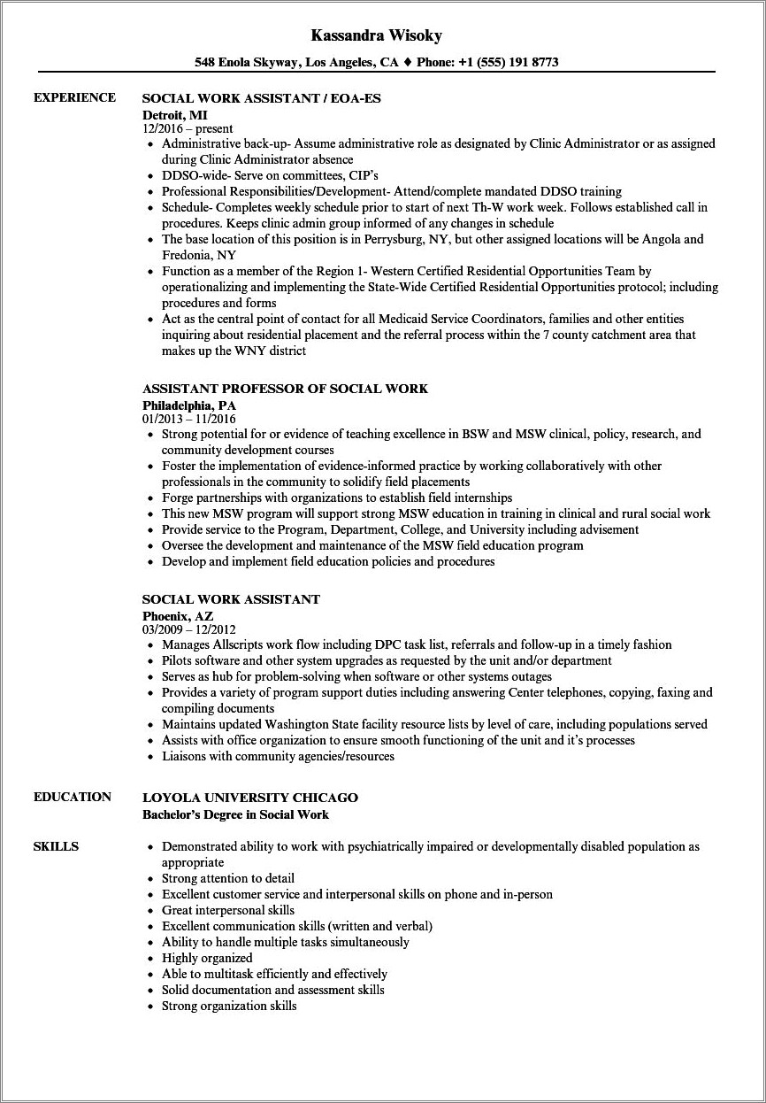 Field Placement Resume Sample Social Work