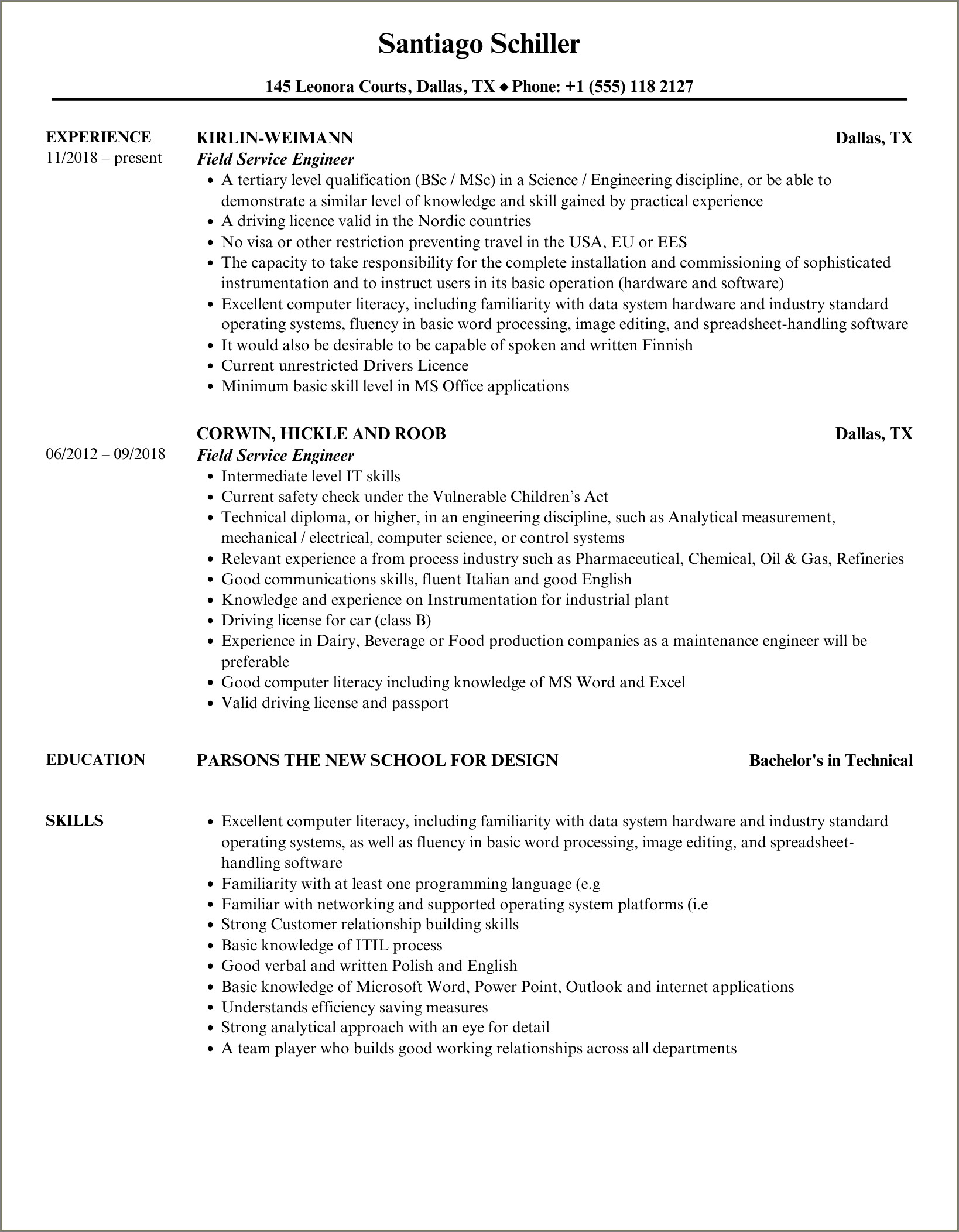 Field Service Engineer Trainee Resume Sample