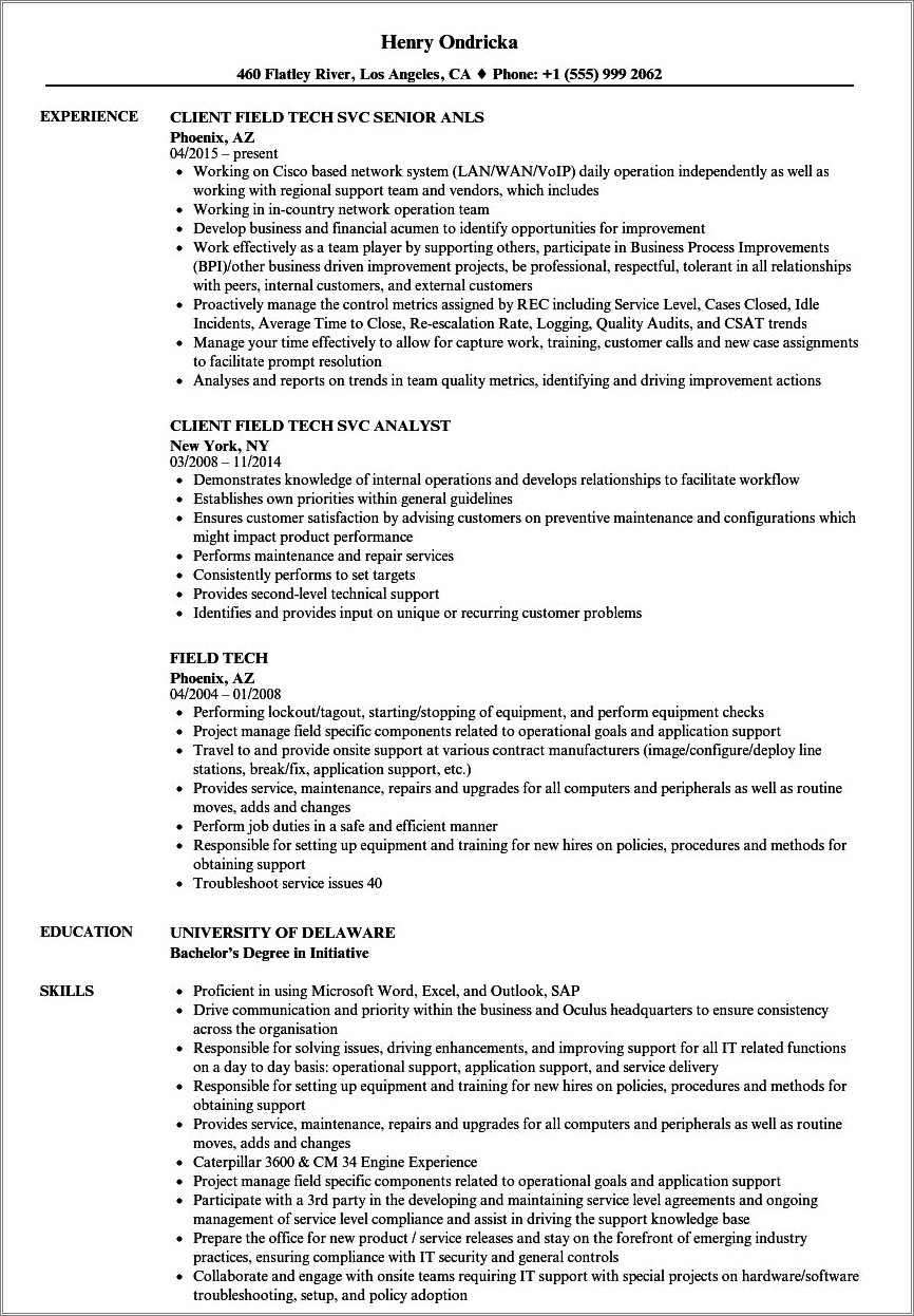 Field Service Technician Job Description For Resume