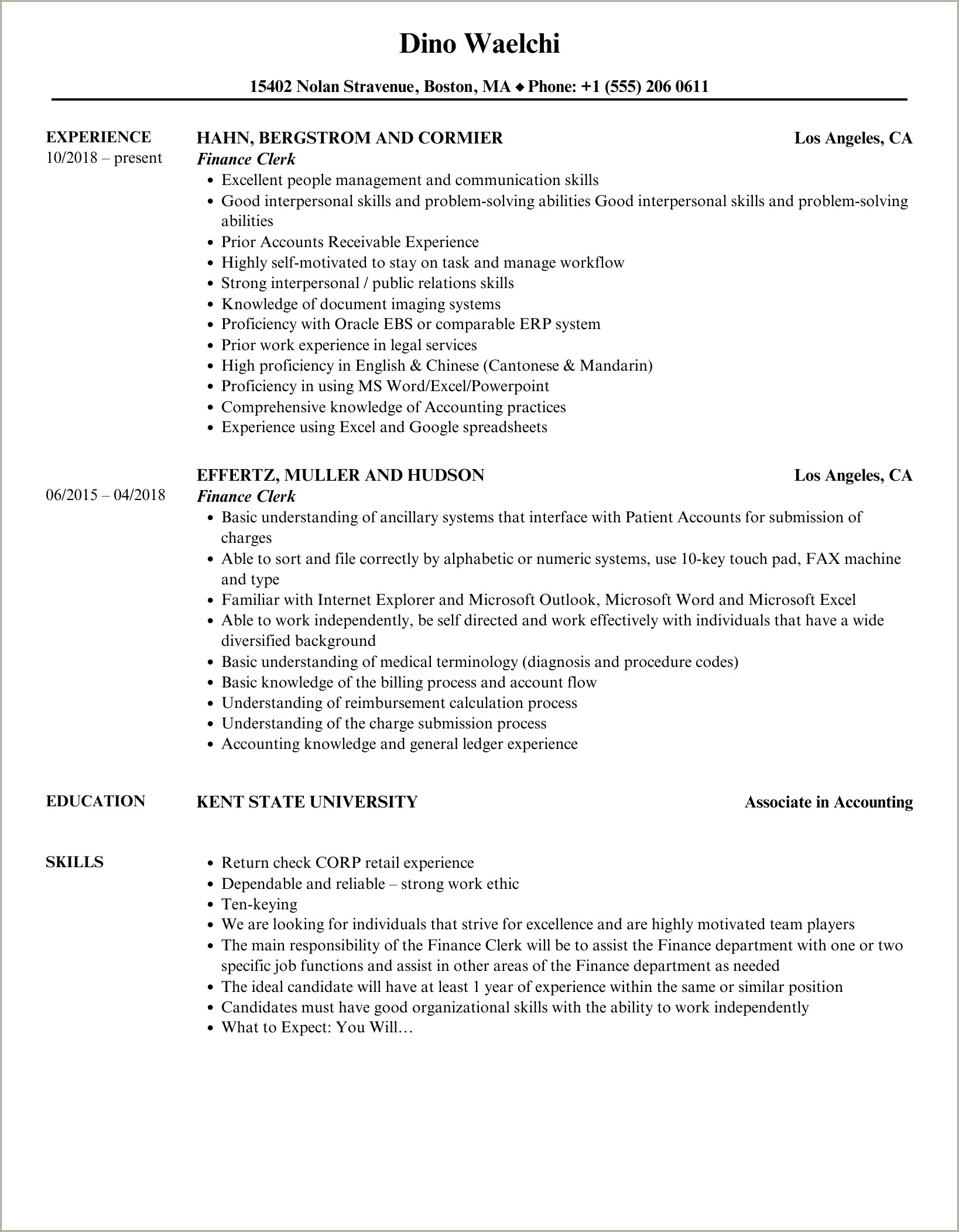 Finance Clerk Job Description For Resume