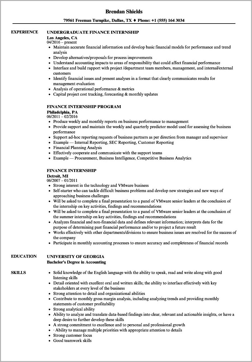 Finance Intern Job Description On Resume