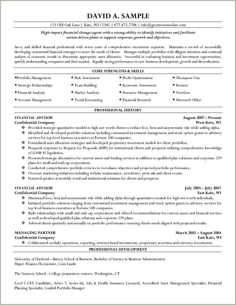 Financial Advisor Experience On A Resume