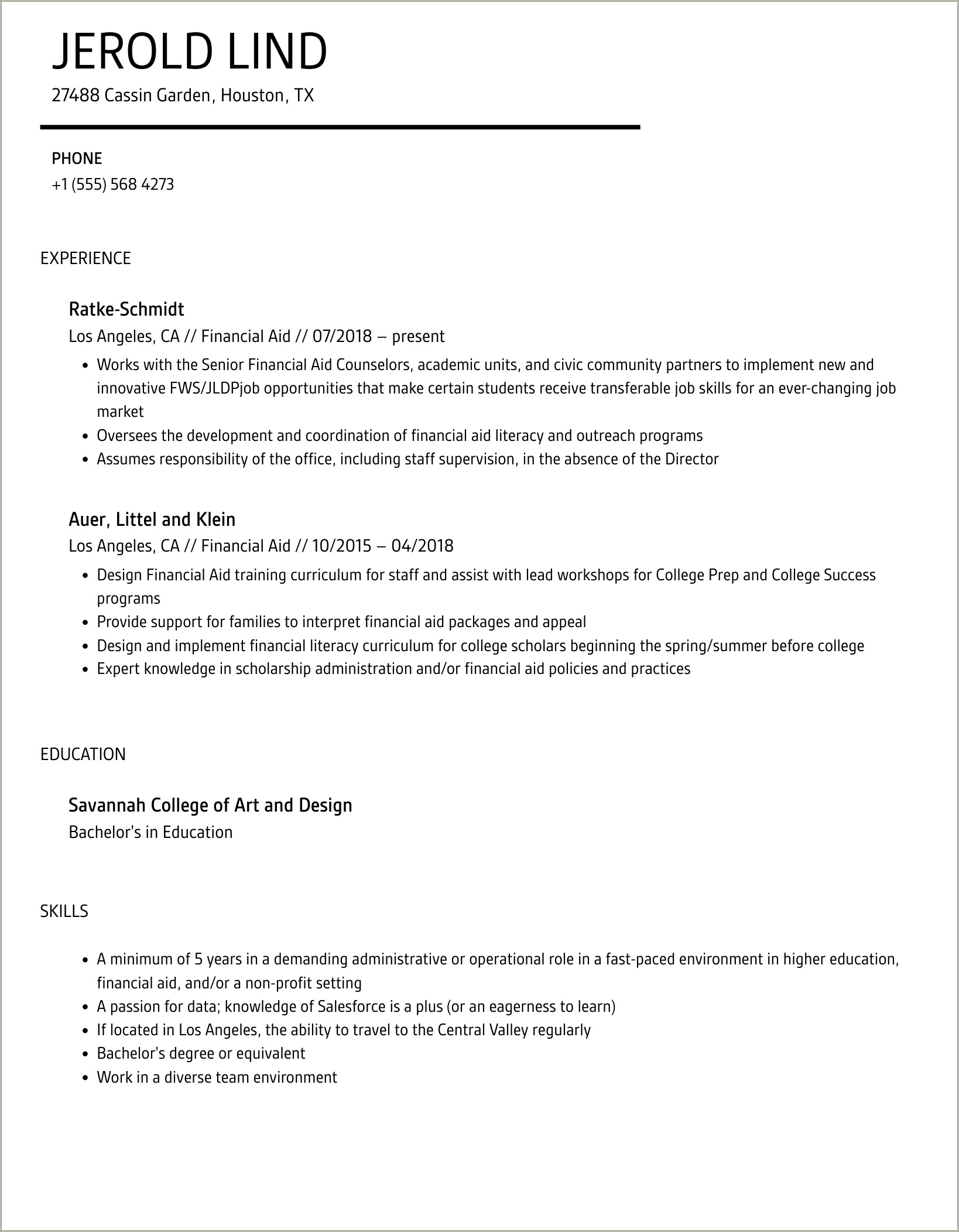 Financial Aid Office Counter Work Resume