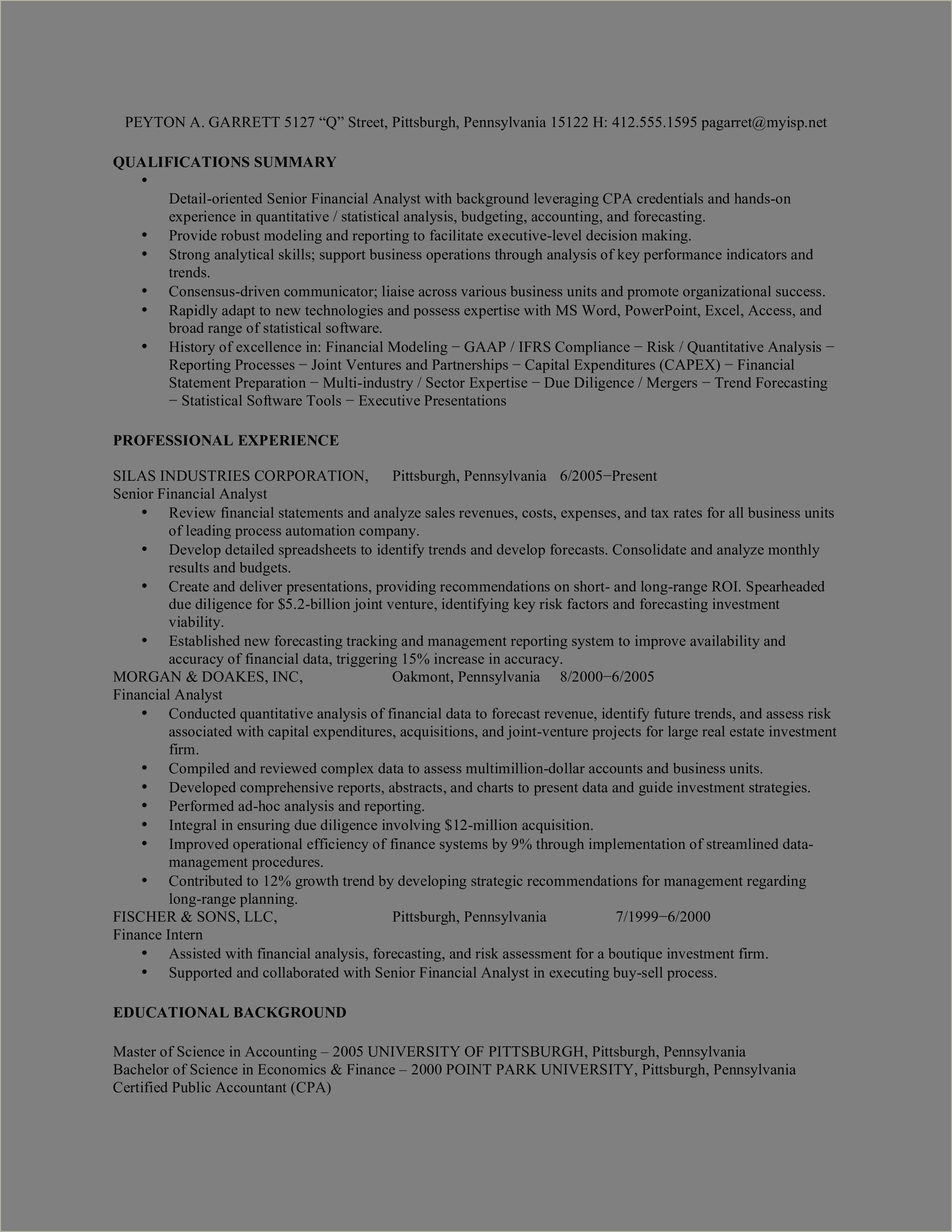 Financial Analyst Project Experience Resume Examples