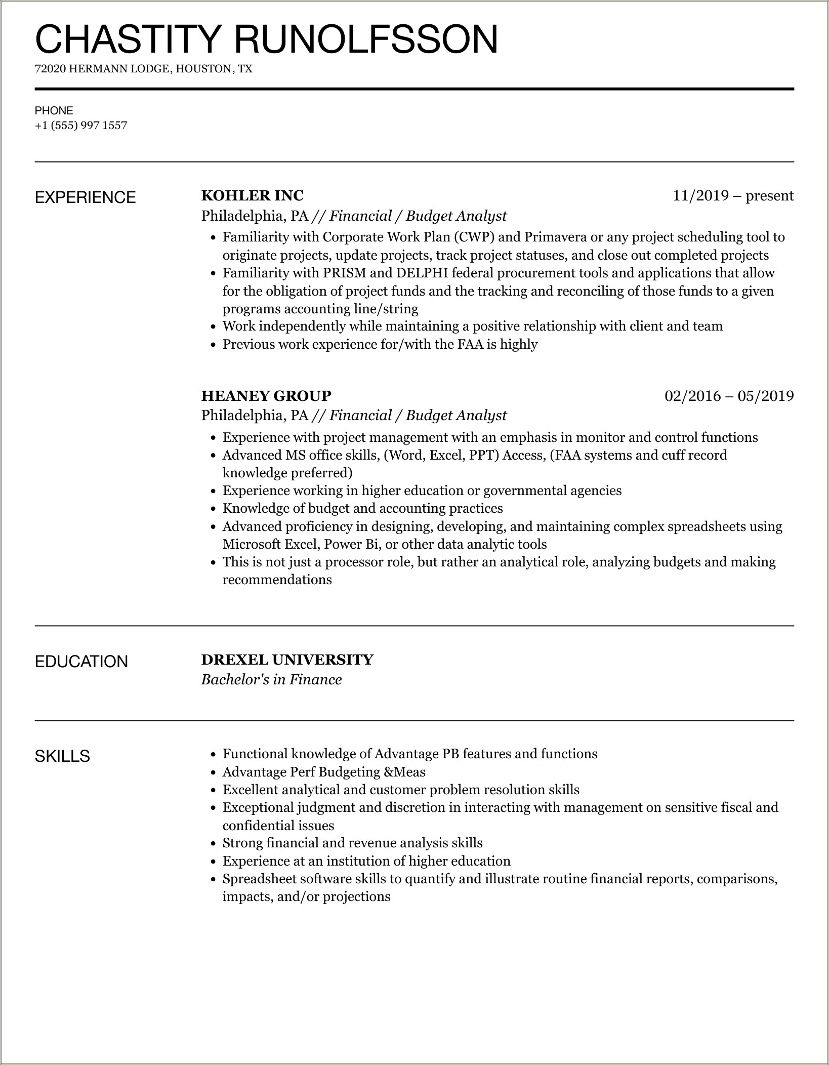 Financial Analyst Sample Resume Restructure Budget System
