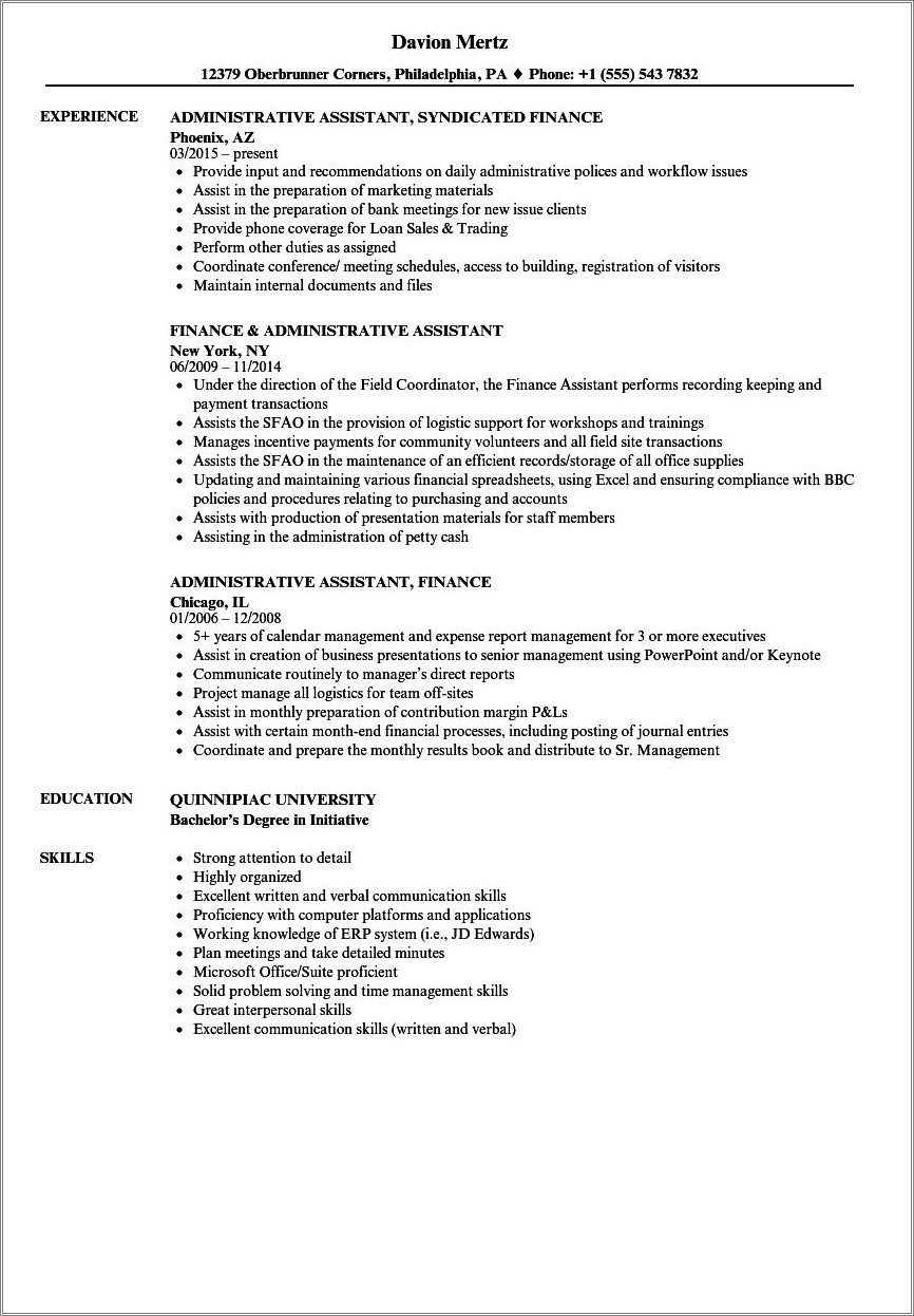 Financial Assistant Job Description For Resume