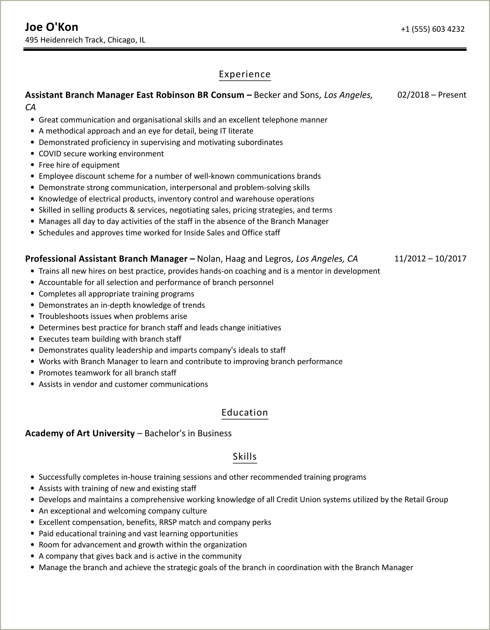 Financial Center Assistant Branch Manager Resume