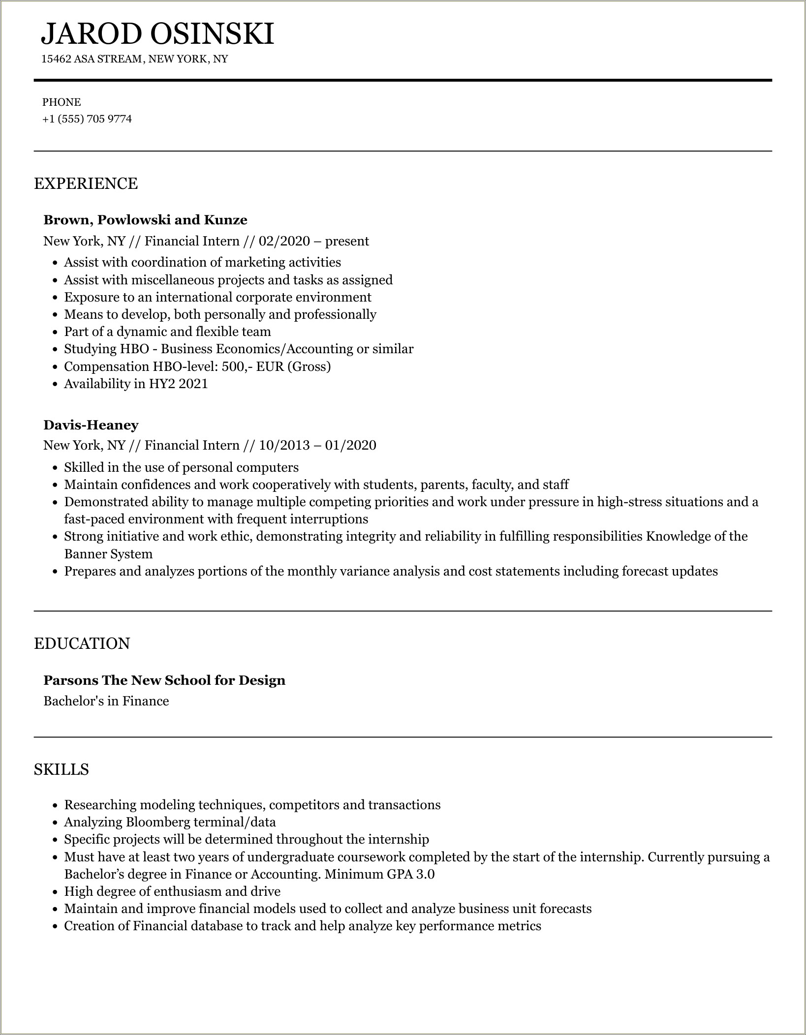 Financial Planning Internship Experience On Resume