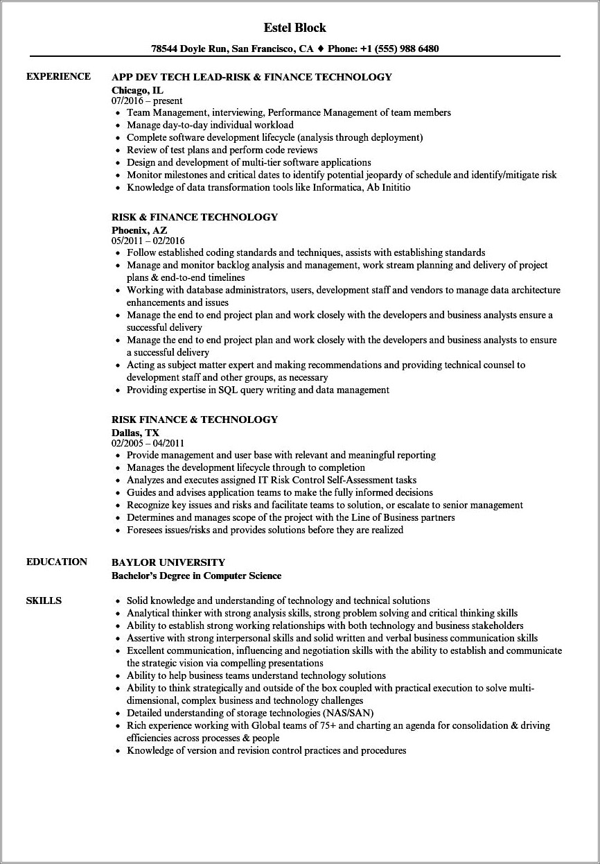 Financial Tech Job Description For Resume