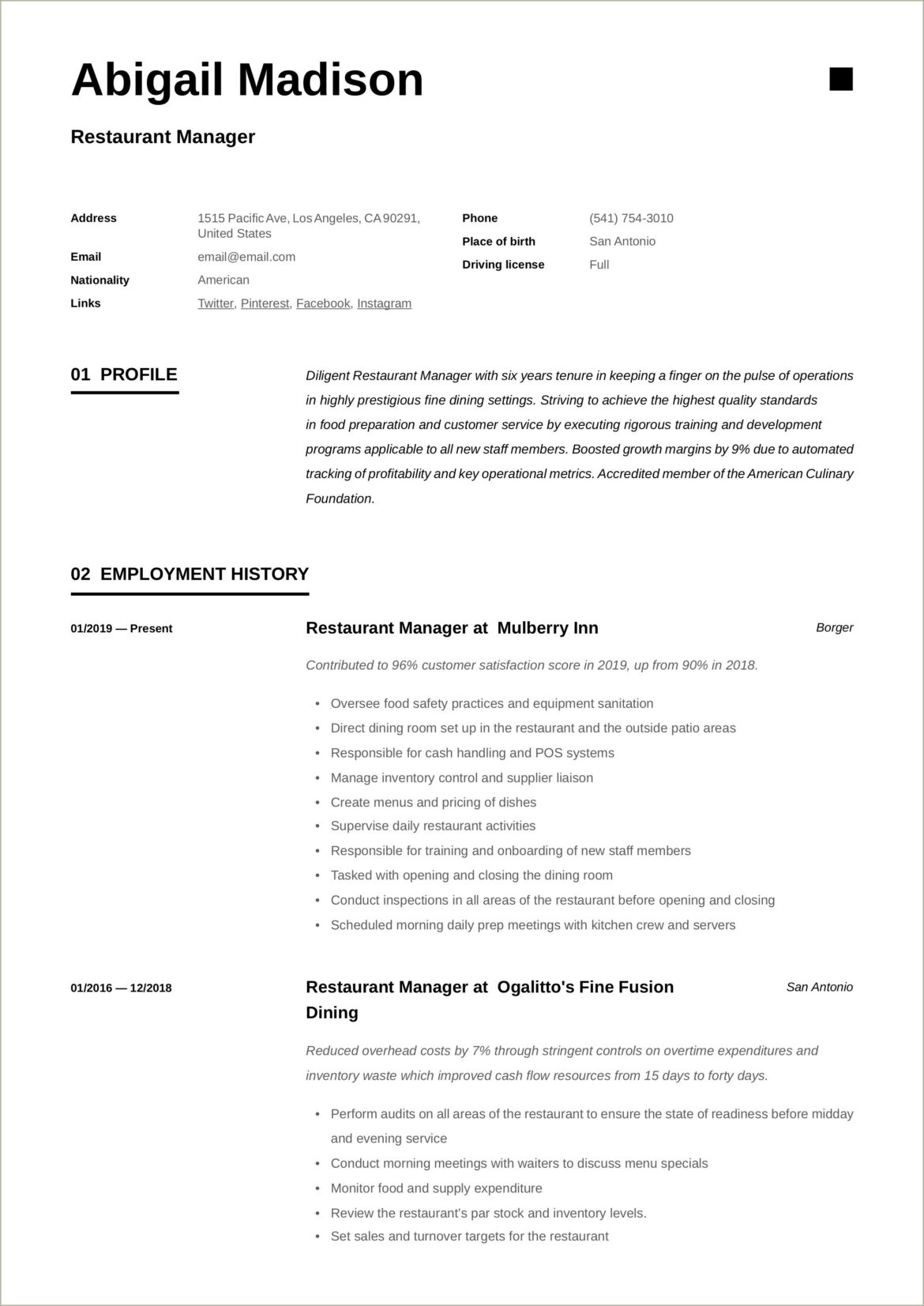 Fine Dining Restaurant Manager Resume Sample