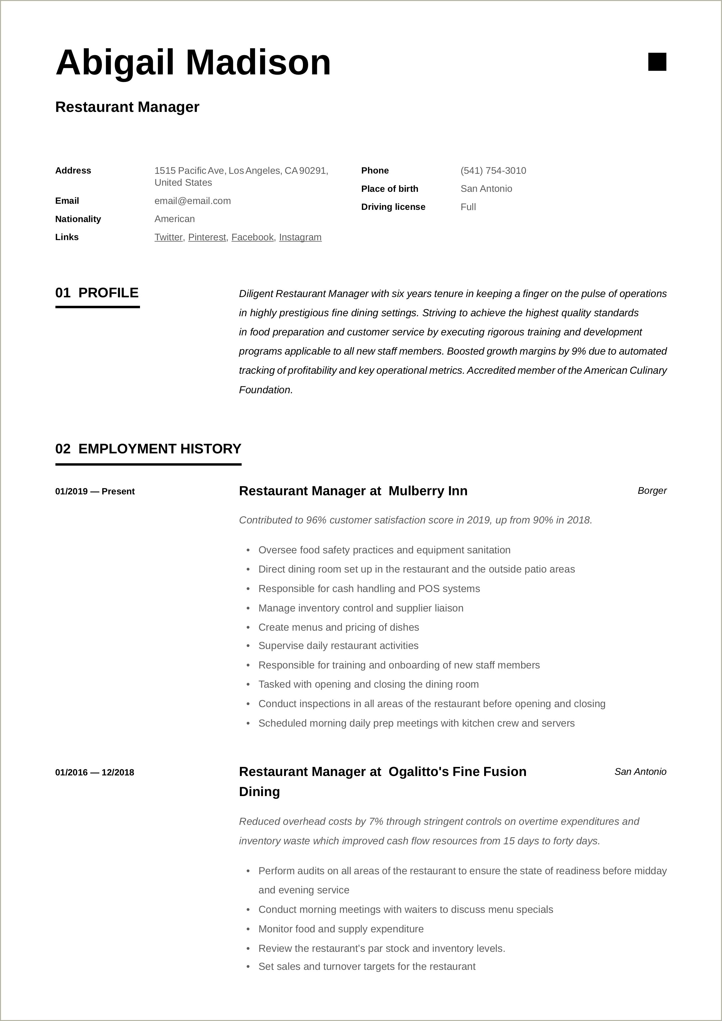 Fine Dining Restaurant Manager Resume Sample