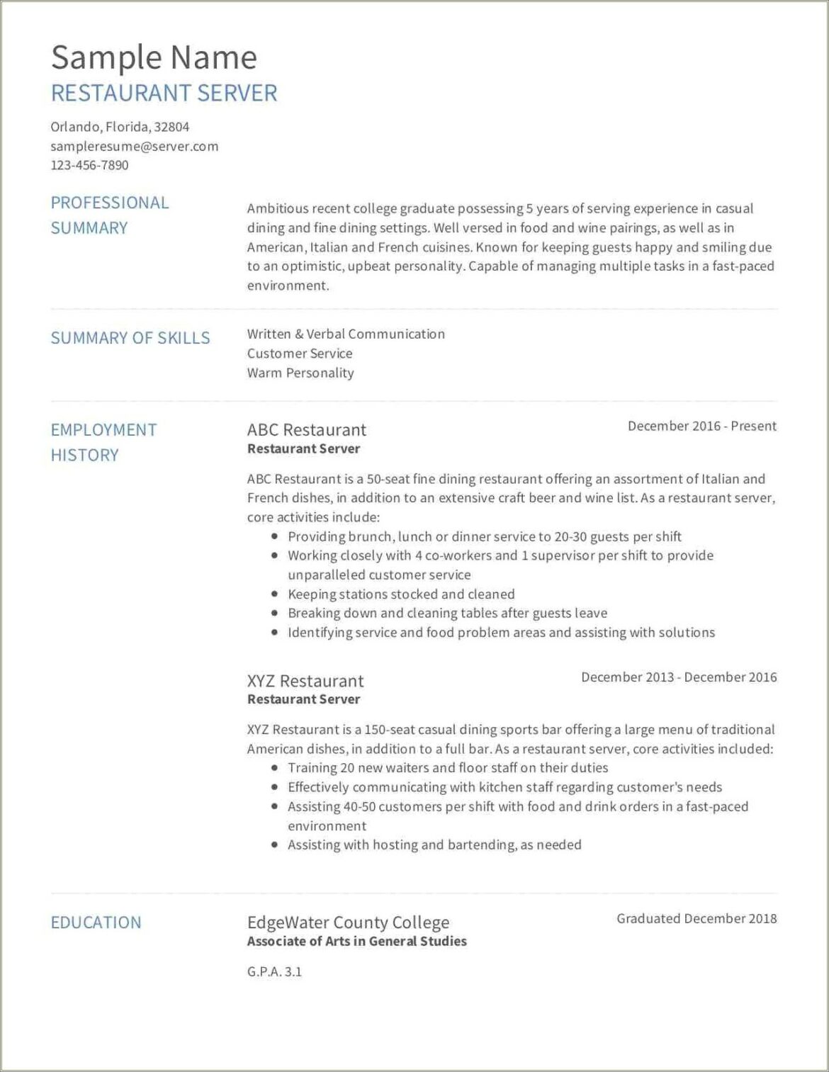 Fine Dining Restaurant Server Resume Sample