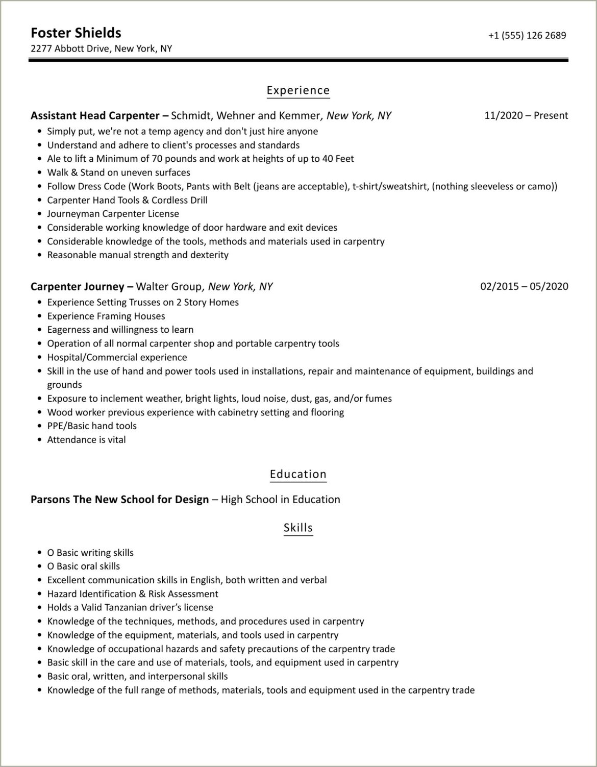 Finish Carpenter Job Description For Resume