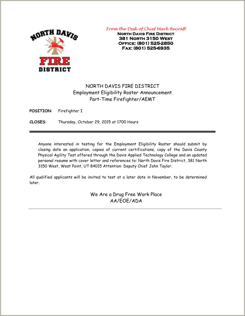Fire Department Cover Letter Of Resume