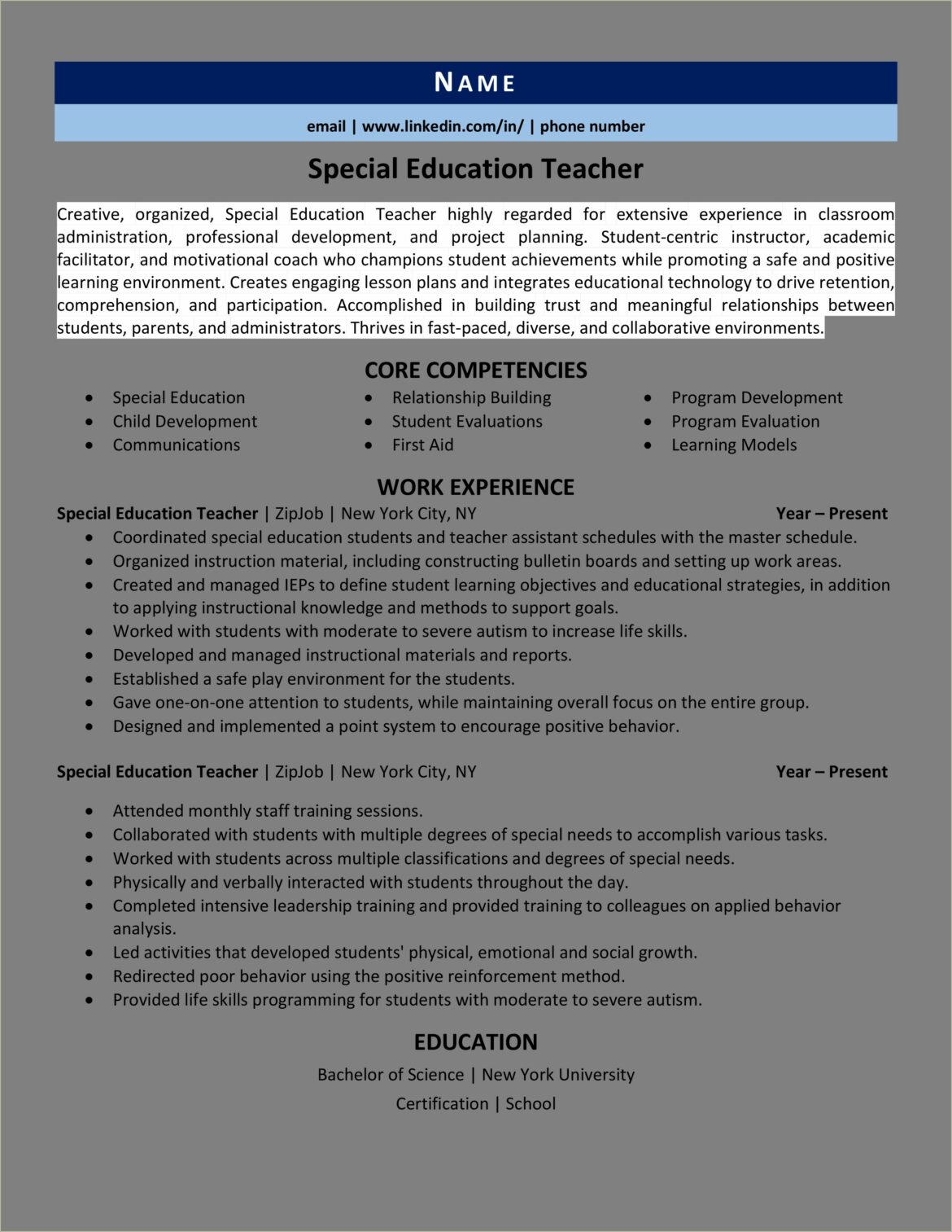 First Grade Ela Teacher Resume Sample