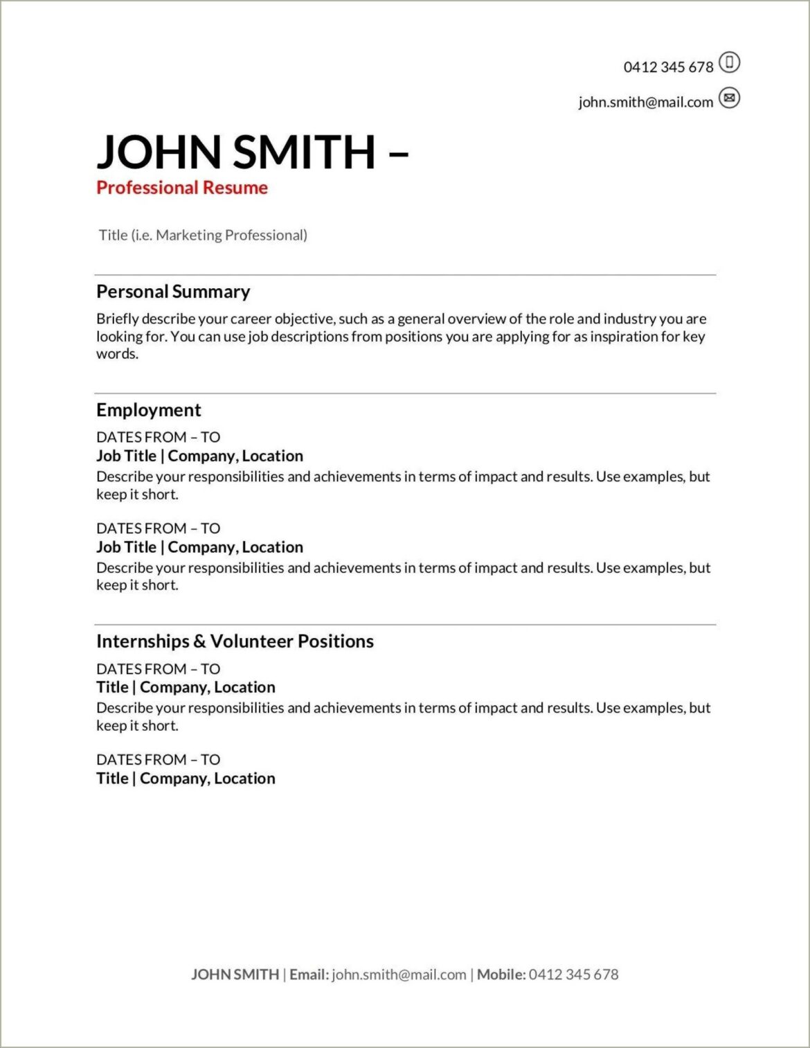 First Resume No Work Experience Template