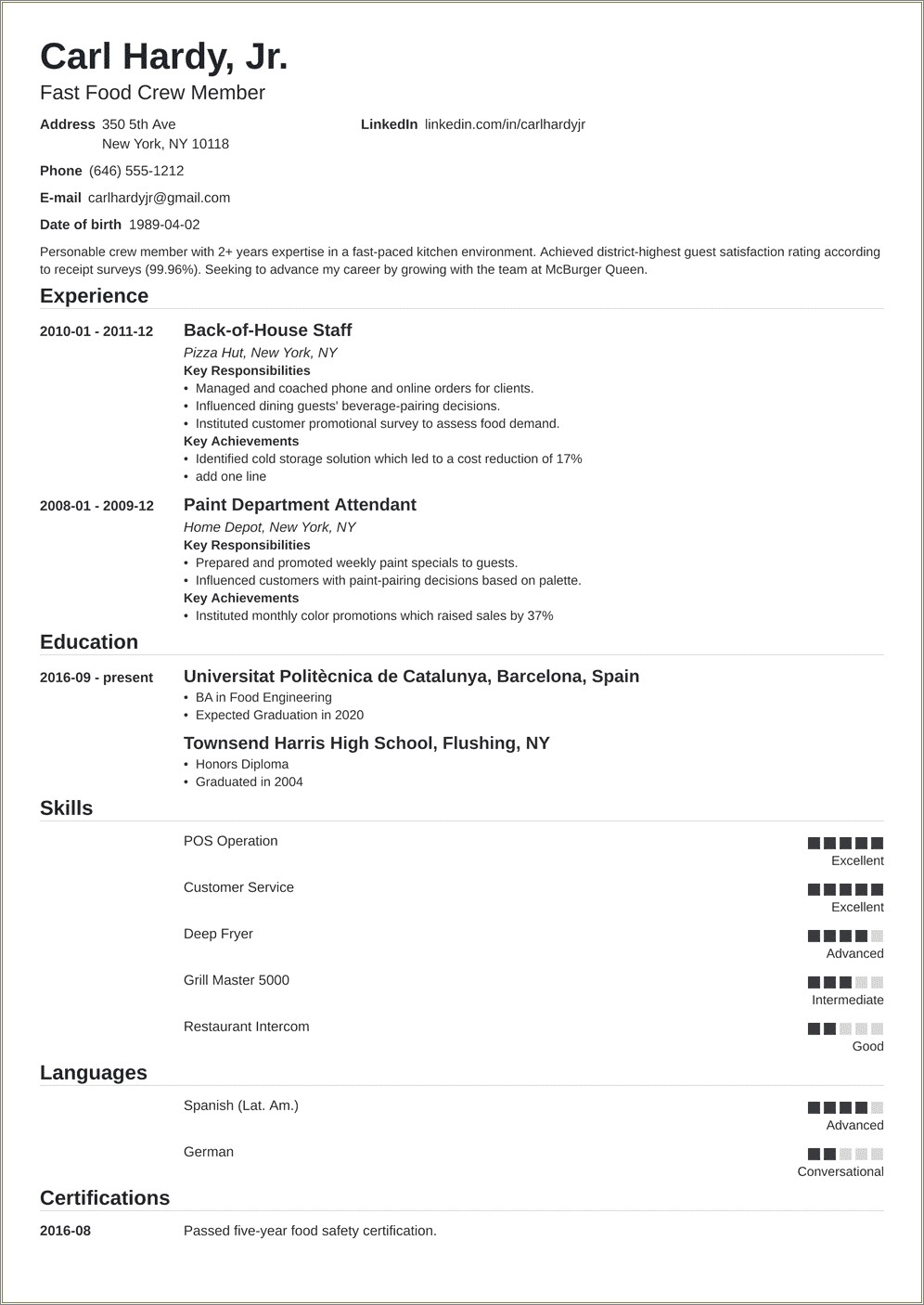 First Time Fast Food Manager Resume